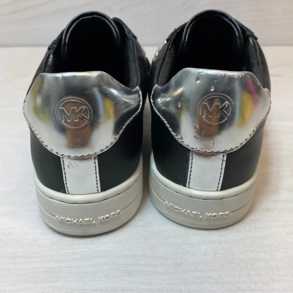 Michael Kors Womens 6.5M Slip On Sneaker Chain Strap Black Leather Silver FT20L